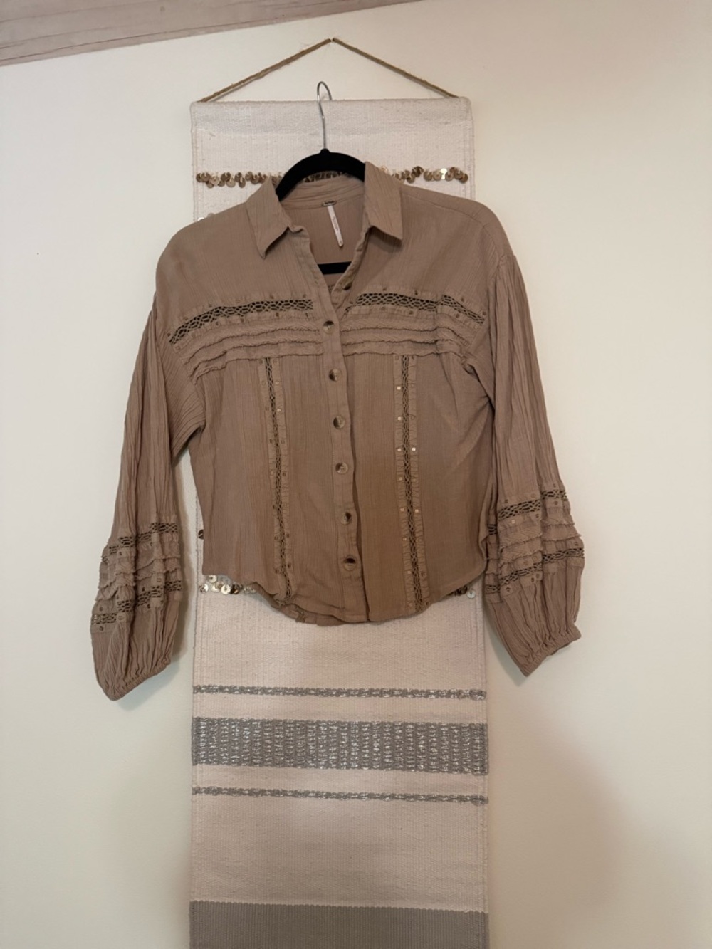 Free People Crochet-Trim Button Down Shirt - Taupe